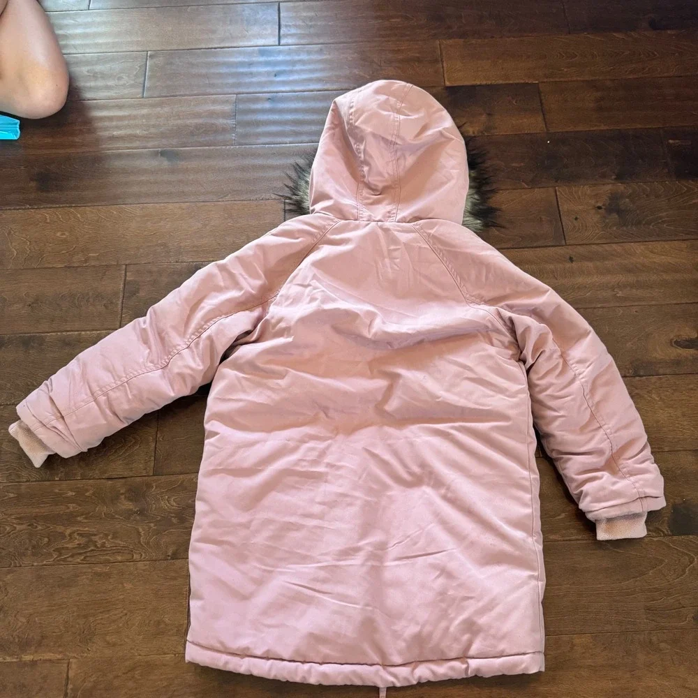 Cat & Jack Girls Pink Parka Jacket Faux Fur Hood Sherpa Lined Winter Coat Size 8